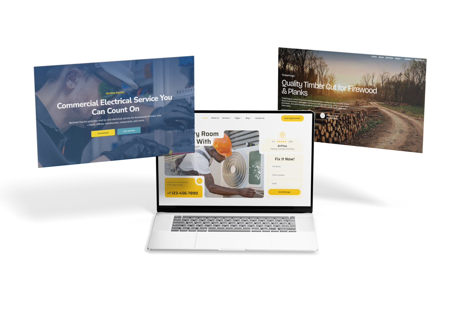 Laptop displaying a home‑services website mockup, with two floating landing pages for commercial electrical service and timber/firewood on a black background.