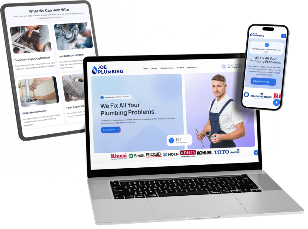 Joe Plumbing homepage displayed on laptop, tablet, and phone with “We Fix All Your Plumbing Problems” headline, services section, and schedule button.