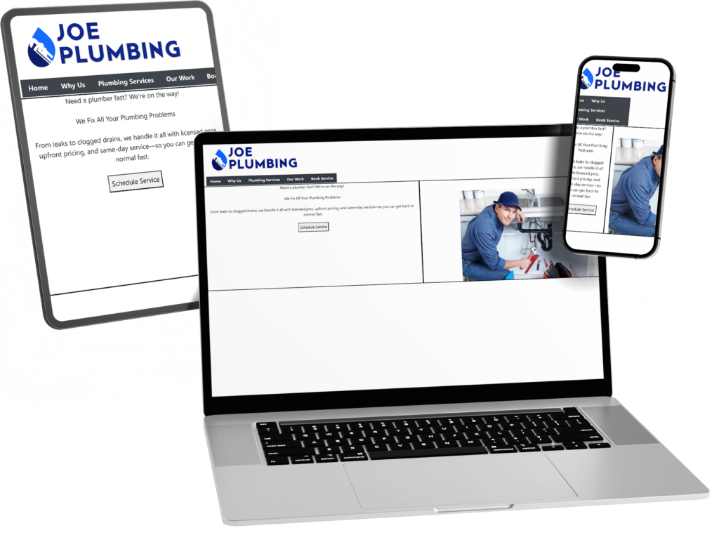 Responsive “Joe Plumbing” website shown on laptop, tablet, and phone with a plumber working under a sink.