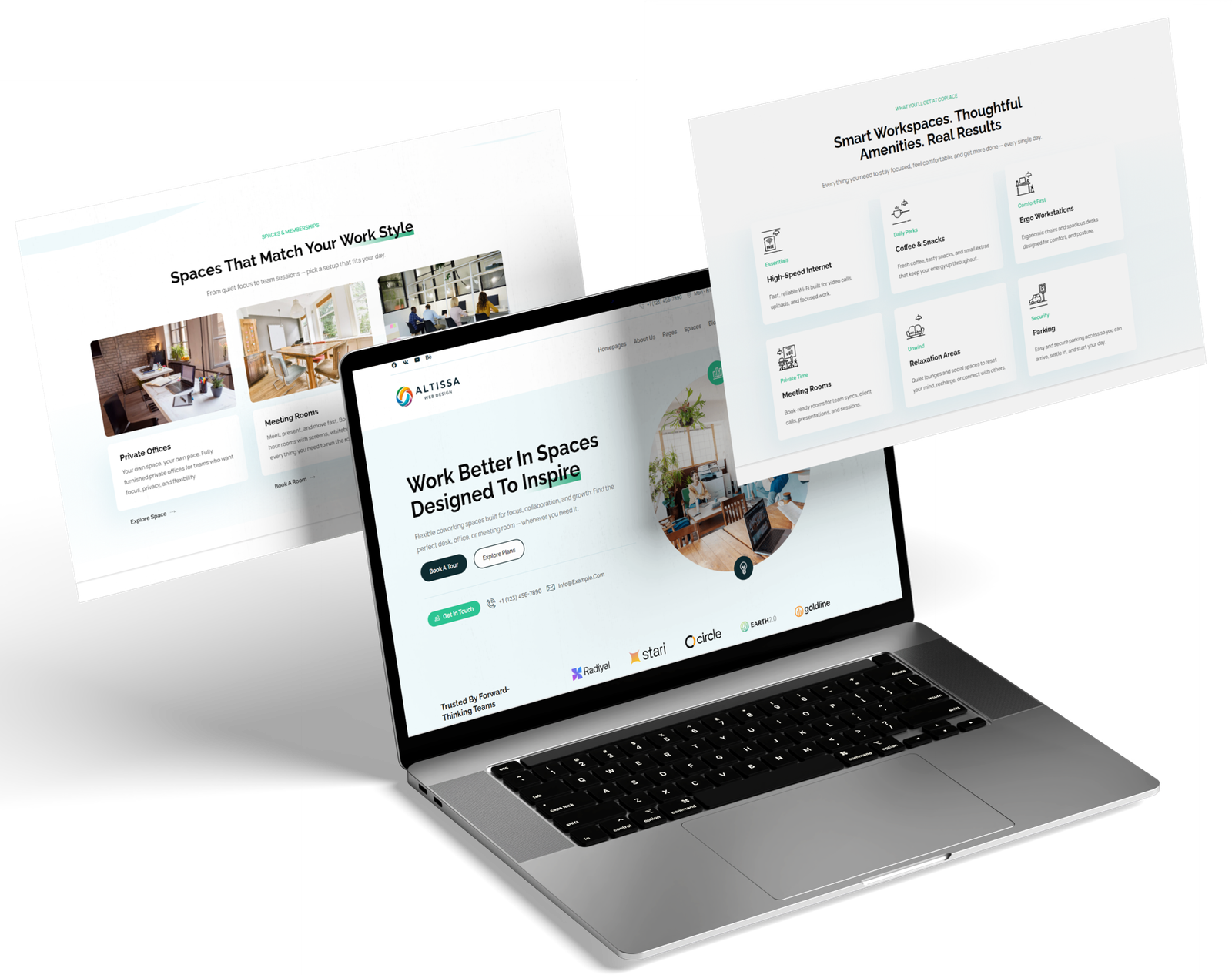 Laptop showing an office/workspace design website with headline “Work Better in Spaces Designed to Inspire,” plus two floating UI panels for workspace styles and features.