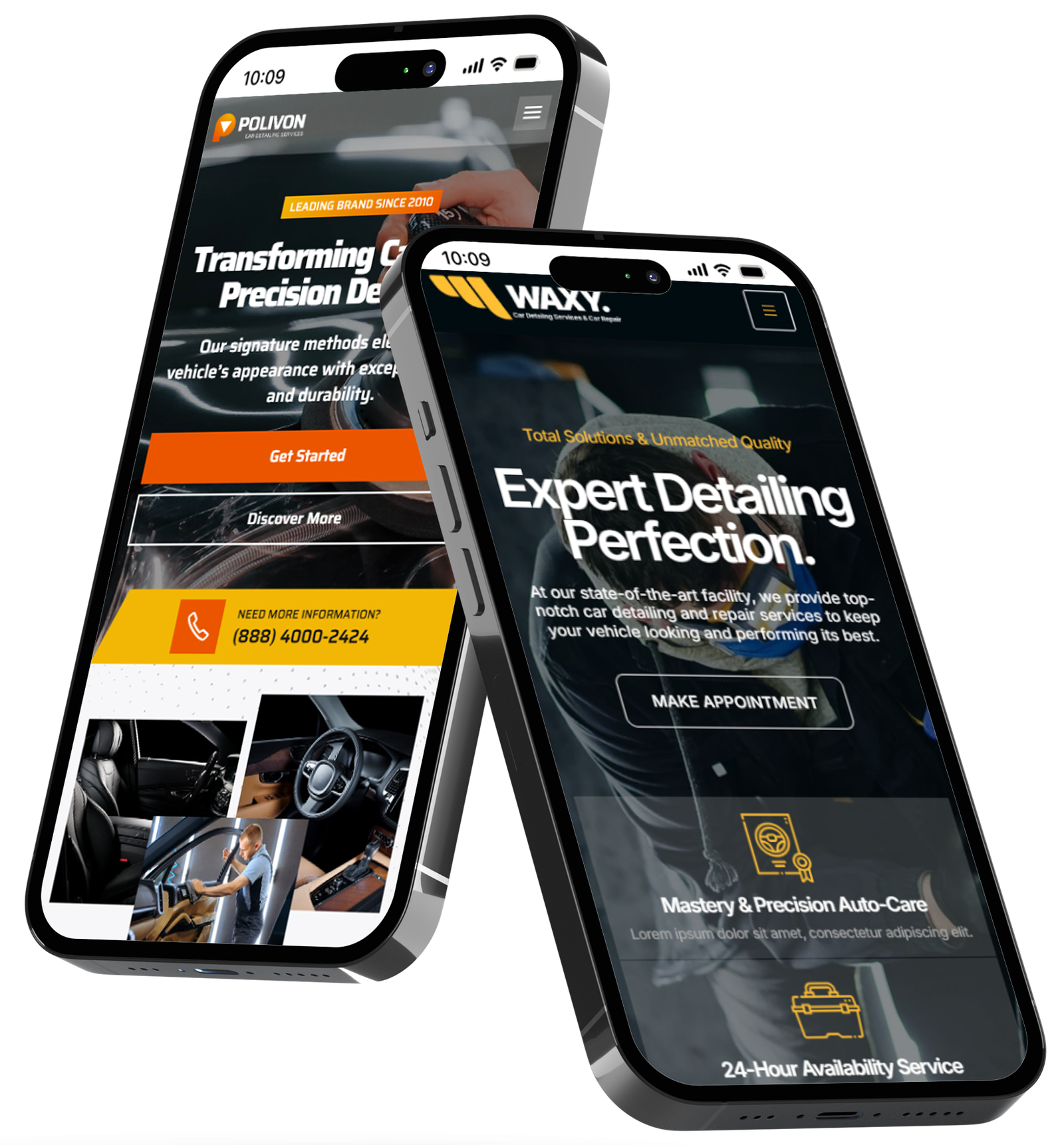 Two smartphones displaying mobile website designs for auto detailing brands, featuring bold headlines, call-to-action buttons, and contact/appointment sections.